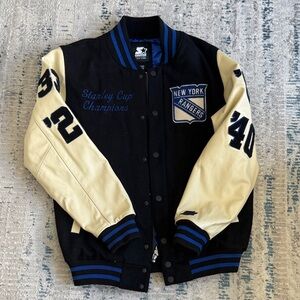 STARTER New York Rangers Wool Leather Jacket Black and Cream